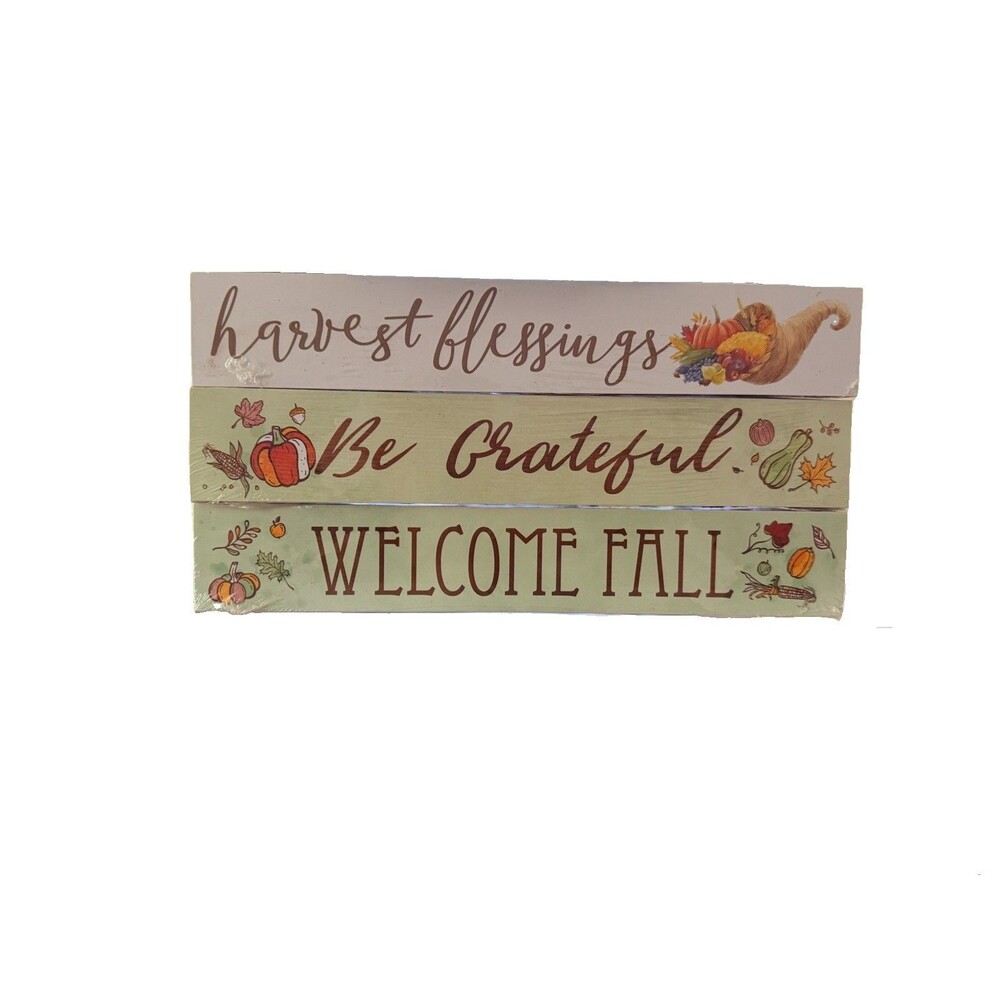 Lot Of 3 12” Fall Block Signs Be Grateful, Harvest Blessings & Welcome Fall